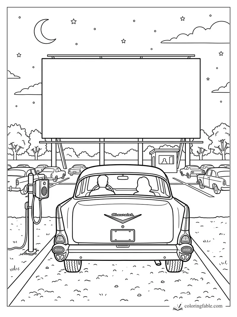 Classic car parked at a drive-in movie screen under a crescent moon and stars