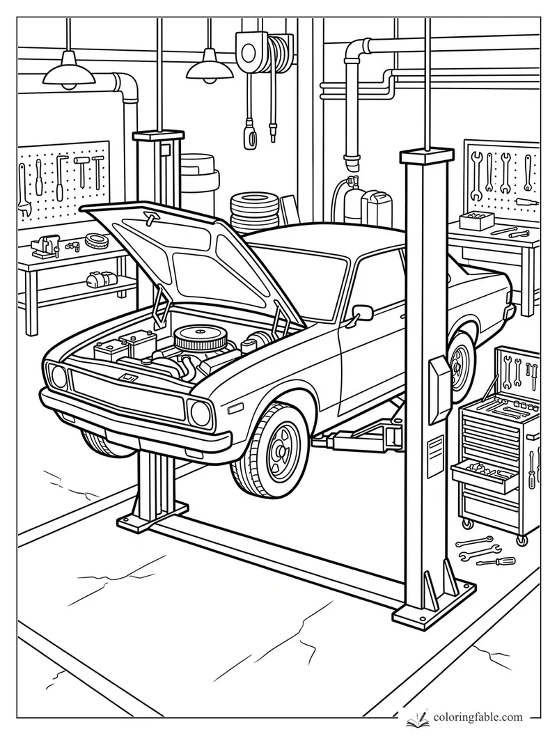 Classic car on a repair lift with open hood, tools, pipes, lamps, and workbenches in a busy garage