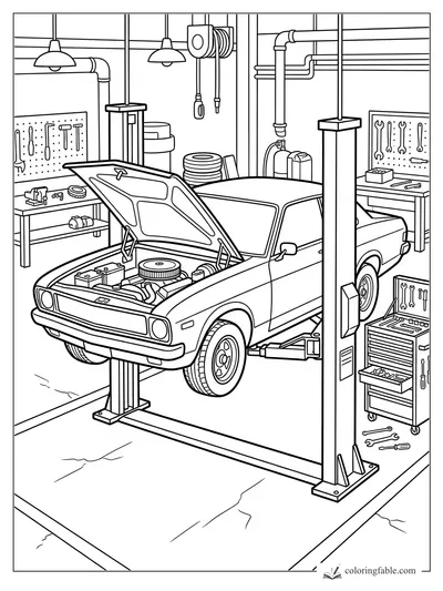 Classic car on a repair lift with open hood, tools, pipes, lamps, and workbenches in a busy garage
