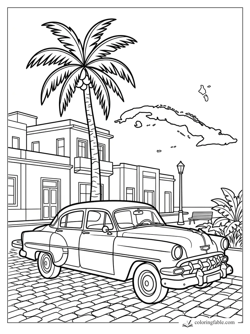 Classic car under a palm tree with Cuba map, colonial buildings, cobblestones, bench, and streetlamp.