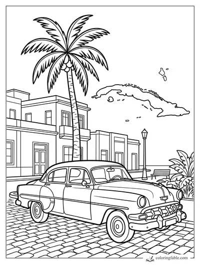 Classic car under a palm tree with Cuba map, colonial buildings, cobblestones, bench, and streetlamp.