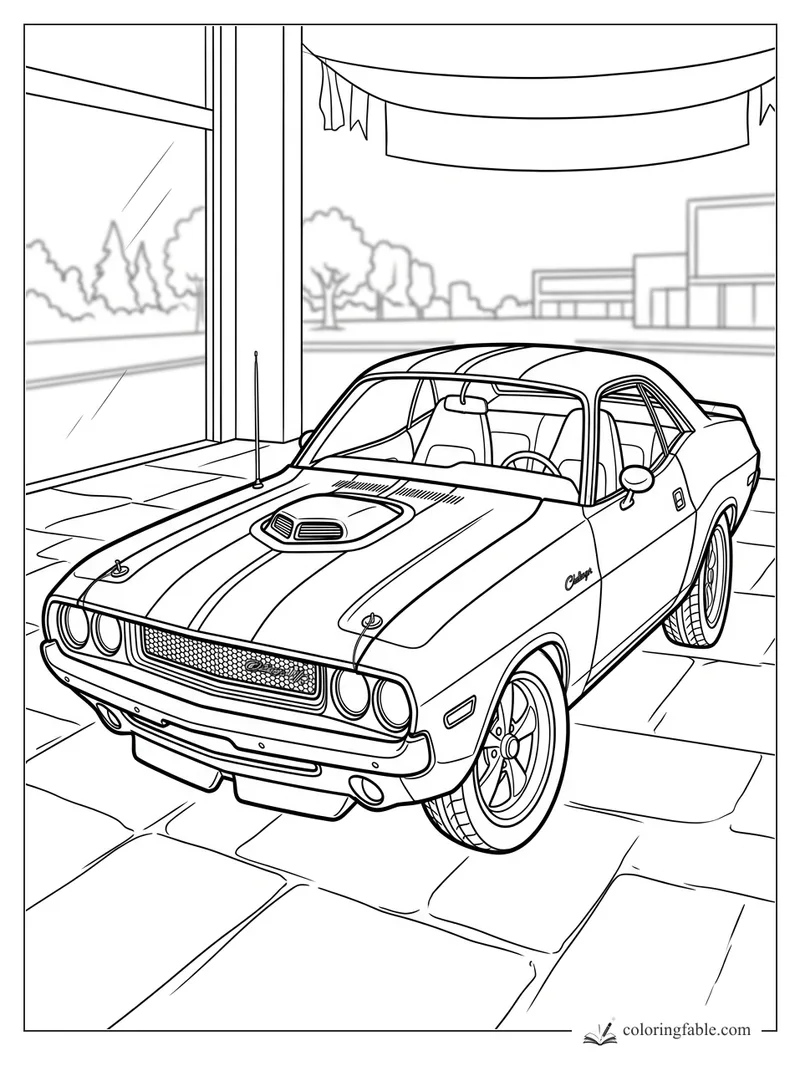 Classic muscle car with hood scoop, racing stripes, round headlights, and showroom windows