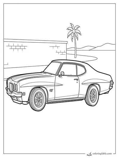 Realistic classic GTO muscle car parked by a stucco wall, palm tree, hills, and curving road.