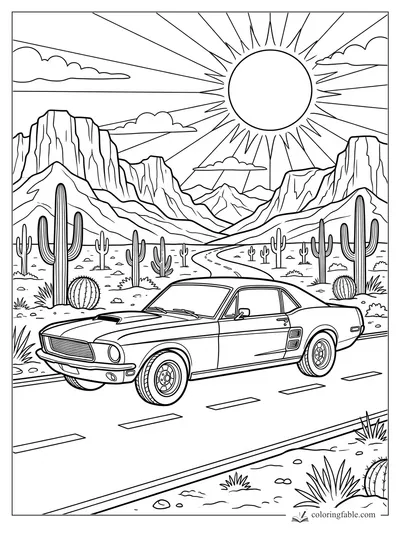 Classic muscle car on a desert road with cacti, mesas, mountains, clouds, and a blazing sun