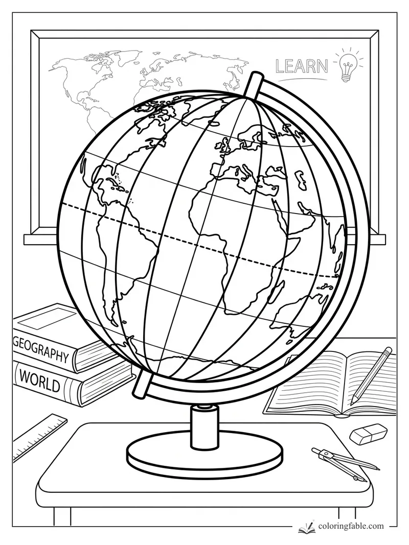 Classroom globe on a desk with world map, geography books, notebook, ruler, pencil, and compass