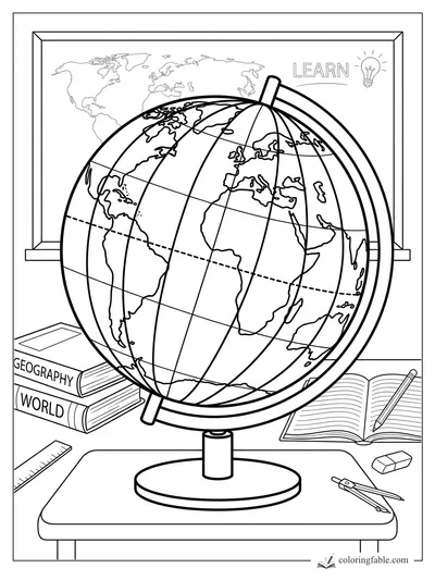 Classroom globe on a desk with world map, geography books, notebook, ruler, pencil, and compass