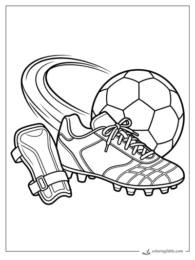 Soccer ball behind a laced cleat and shin guard with curved motion streaks