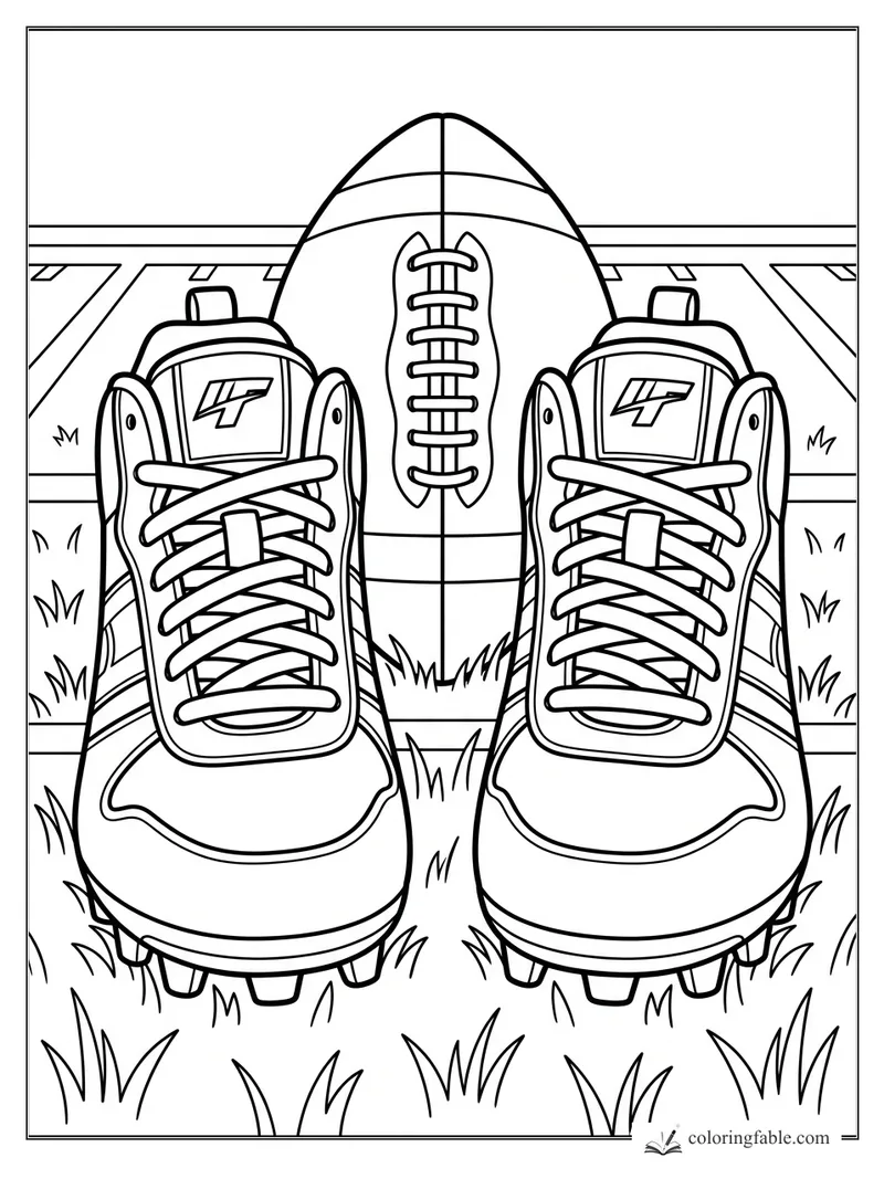 Football between two laced cleats on grass with yard lines in the background