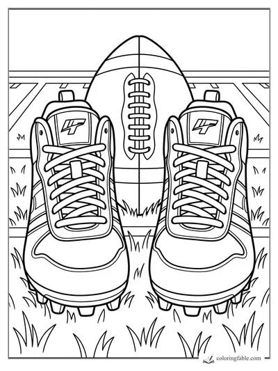 Football between two laced cleats on grass with yard lines in the background