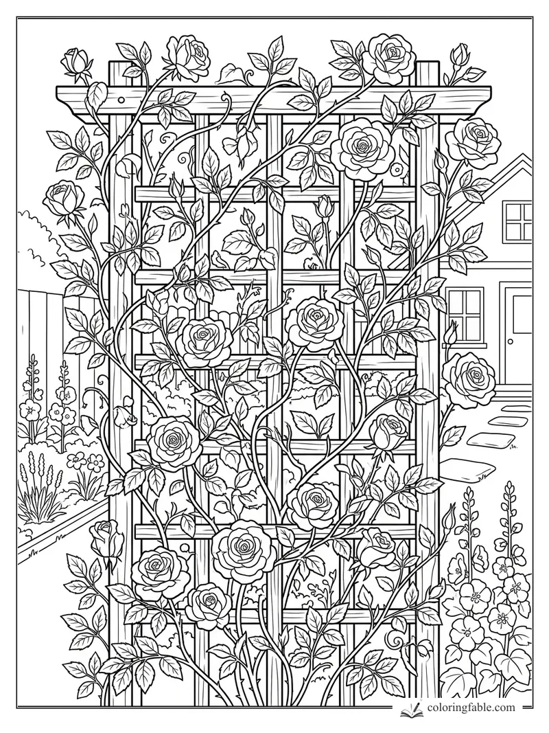 Climbing roses winding over a wooden trellis beside a house, with leaves, buds, garden flowers, and stepping stones.