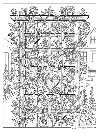Climbing roses winding over a wooden trellis beside a house, with leaves, buds, garden flowers, and stepping stones.