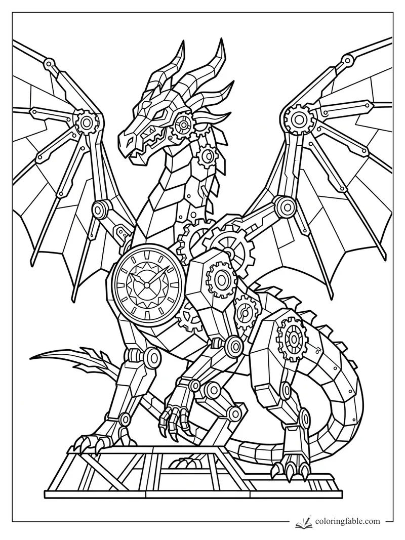 Geometric clockwork dragon with gear wings, horned head, dial chest, and clawed feet on a platform