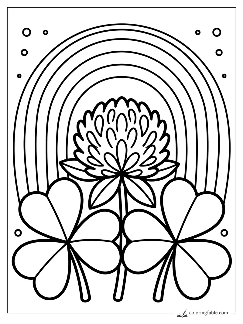 Bold clover flowers and a round blossom under a large rainbow with small bubble dots