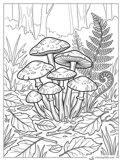Forest mushroom cluster with spotted caps, fern fronds, tree trunks, grasses, and fallen leaves