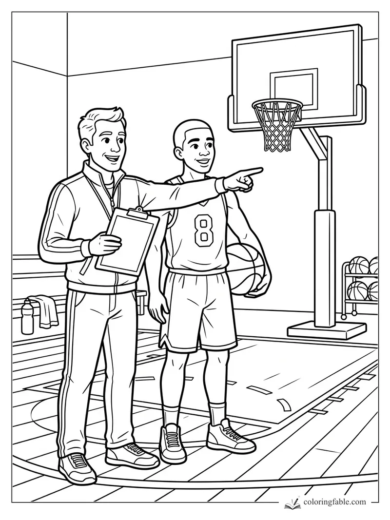 Basketball coach with clipboard points toward hoop as player number 8 holds a ball in the gym