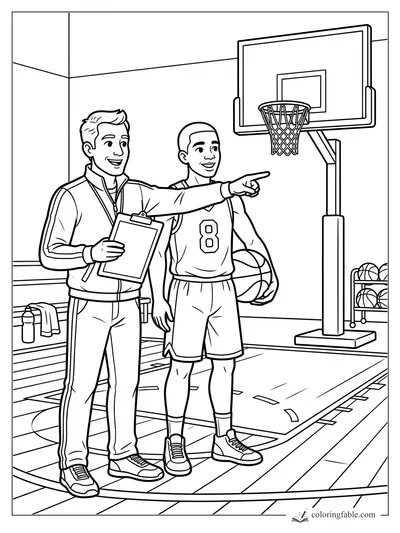 Basketball coach with clipboard points toward hoop as player number 8 holds a ball in the gym
