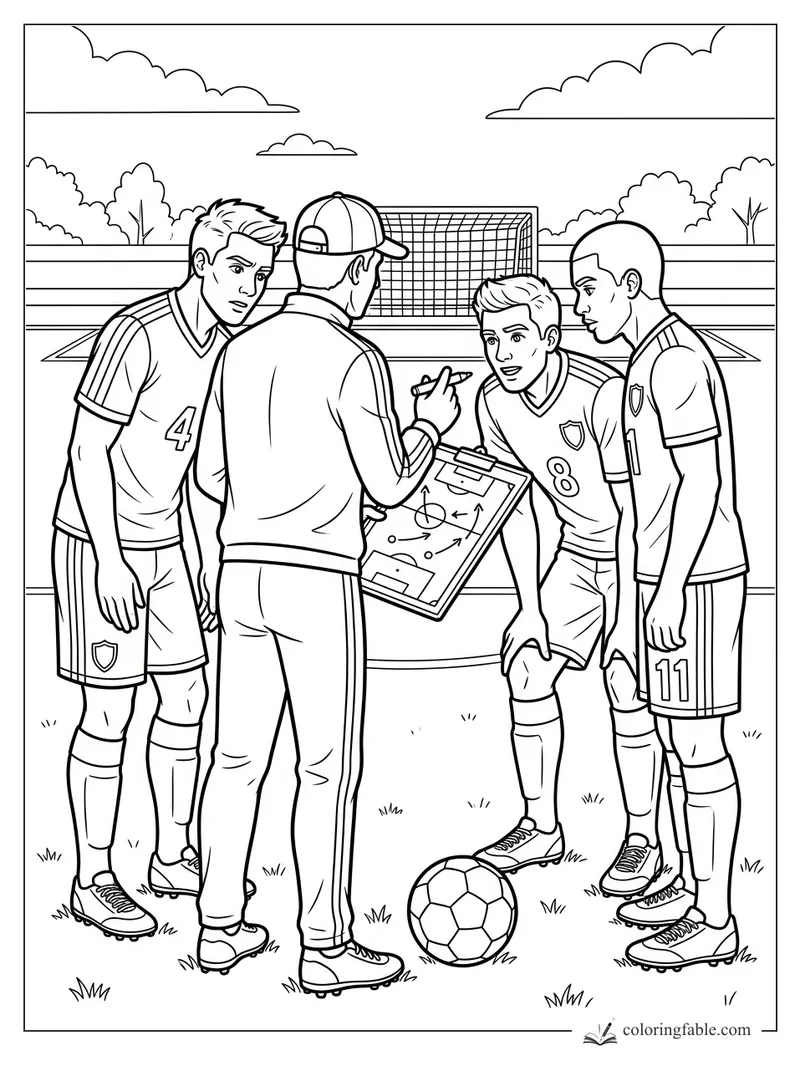 Soccer coach shows a clipboard play to players numbered 4, 8, and 11 beside a ball and goal.