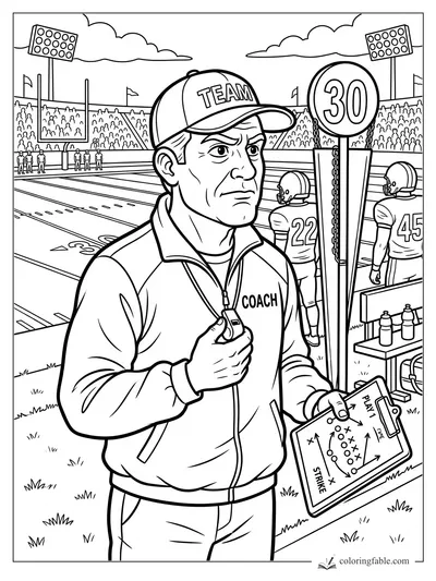 Cartoon football coach holding a whistle and play clipboard beside the 30-yard marker.