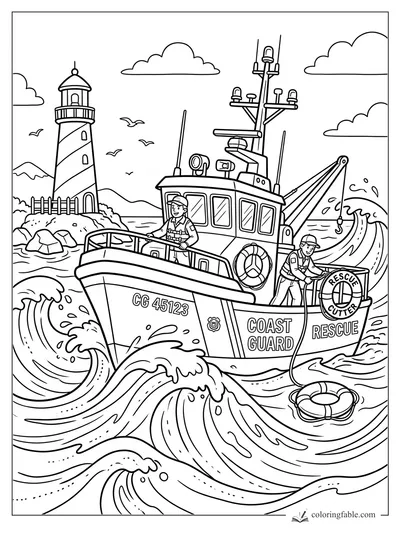 Cartoon Coast Guard rescue cutter in big waves near a lighthouse, crew, life ring, crane, and gulls