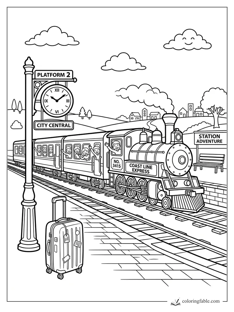 Steam train at City Central Platform 2 with waving passengers, suitcase, clock, and station signs.