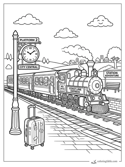 Steam train at City Central Platform 2 with waving passengers, suitcase, clock, and station signs.