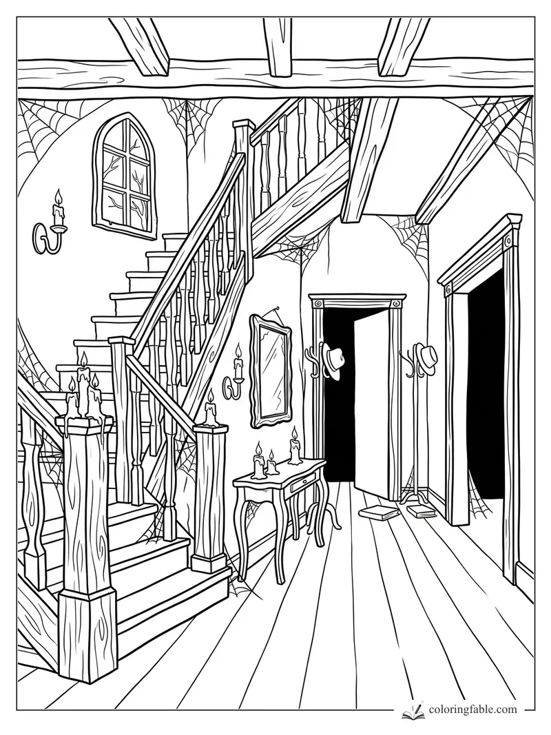 Haunted house hallway with crooked staircase, cobwebs, candles, open doors, mirror, and coat stand