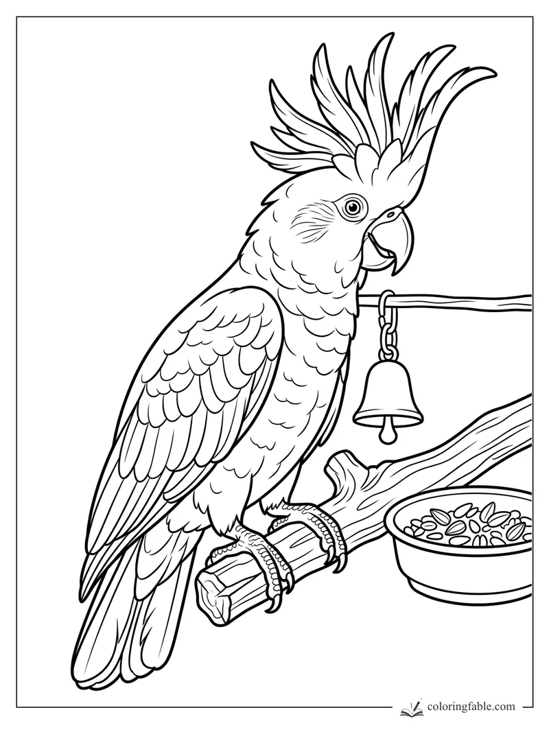 Realistic cockatoo on a perch beside a hanging bell and seed bowl, crest raised and beak open.