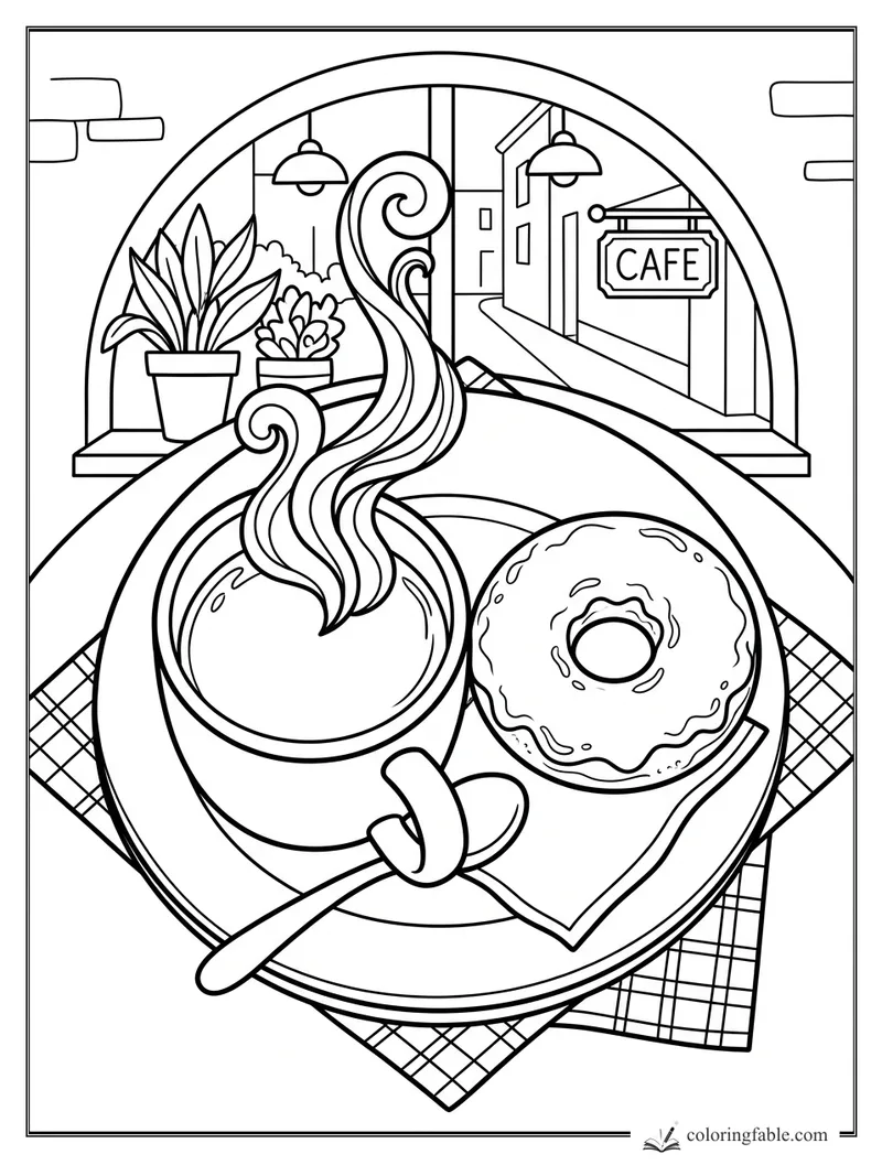 Coffee cup with swirling steam, glazed donut, spoon, napkin, plants, and cafe sign in window