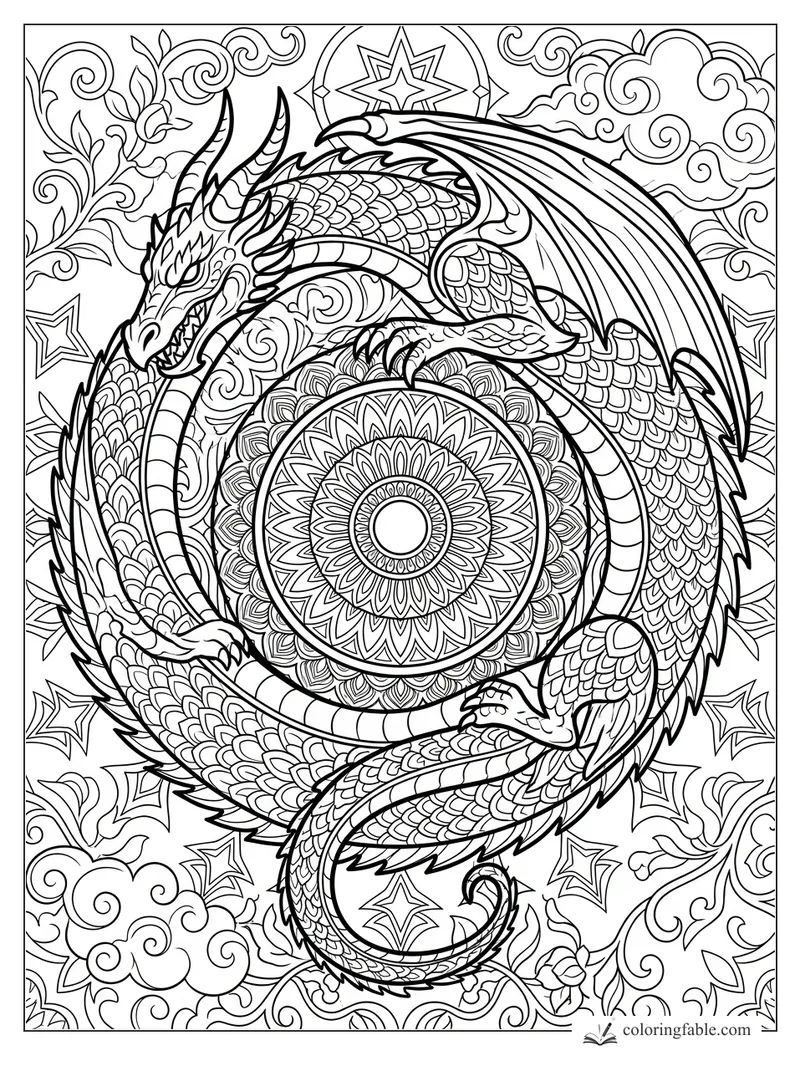 Intricate mandala dragon coiled around a floral circle, with stars, clouds, vines, scales, and wide wings.