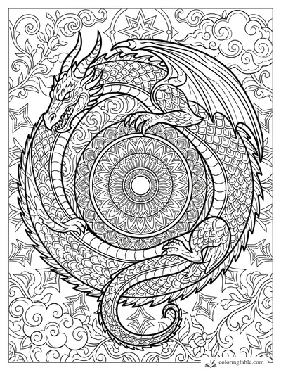 Intricate mandala dragon coiled around a floral circle, with stars, clouds, vines, scales, and wide wings.
