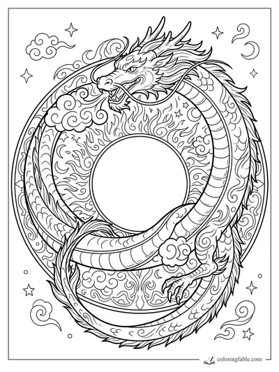 Intricate manga dragon coiled around a blank circle with clouds, stars, moons, flames, and swirling scales.