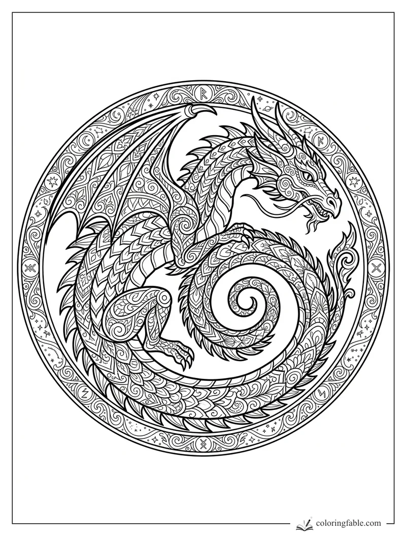 Intricate zentangle dragon coiled inside a circular border with runes, stars, wings, horns, and patterned scales.