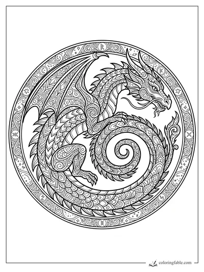 Intricate zentangle dragon coiled inside a circular border with runes, stars, wings, horns, and patterned scales.