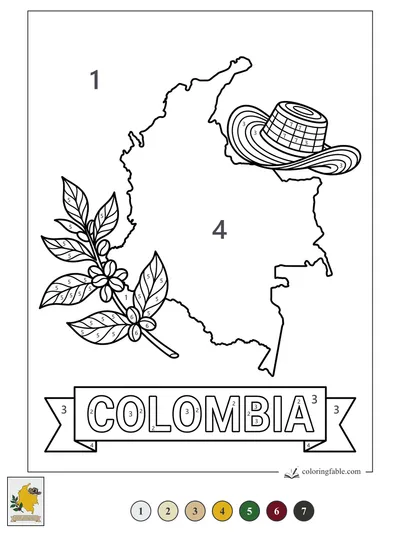 Colombia Map with Coffee Branch and Sombrero Vueltiao — color by number