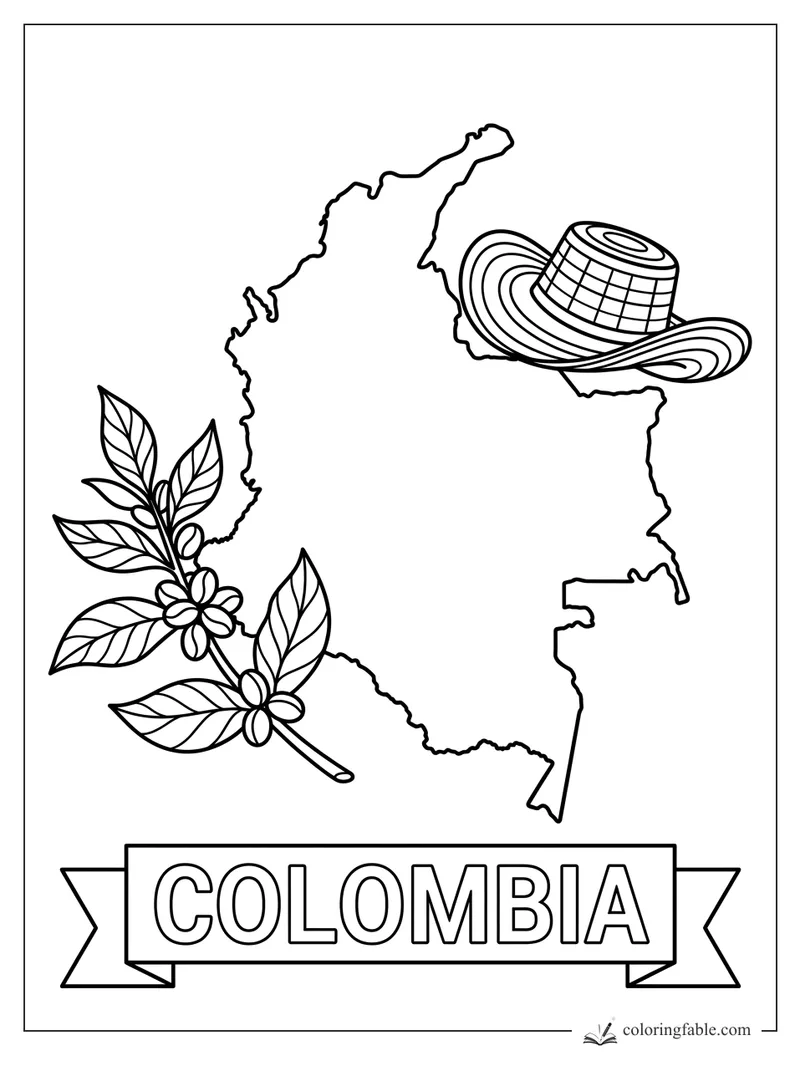 Colombia outline with coffee plant, sombrero vueltiao, and COLOMBIA banner coloring page