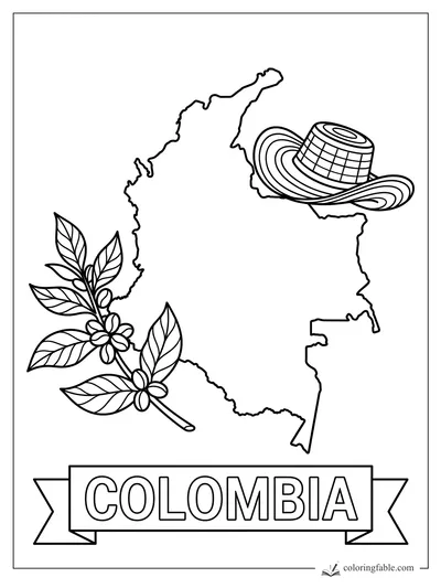 Colombia outline with coffee plant, sombrero vueltiao, and COLOMBIA banner coloring page
