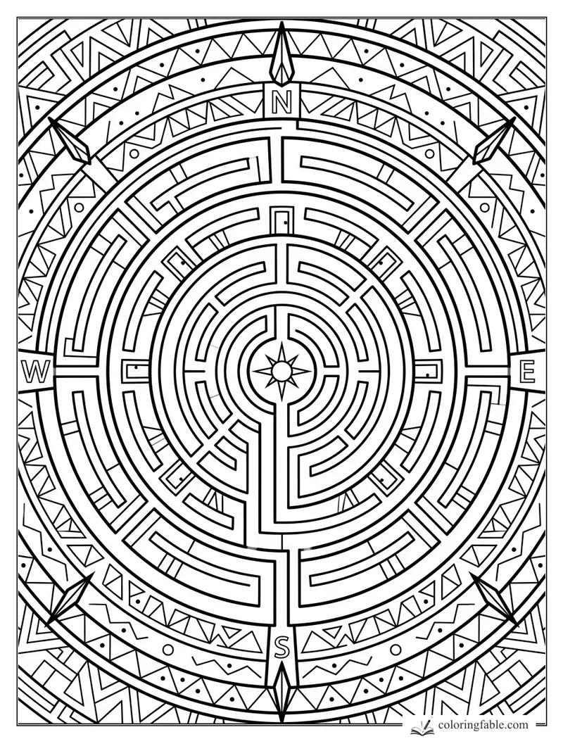 Intricate compass labyrinth mandala with north, south, east, west labels and geometric border
