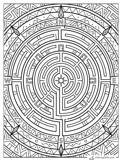 Intricate compass labyrinth mandala with north, south, east, west labels and geometric border