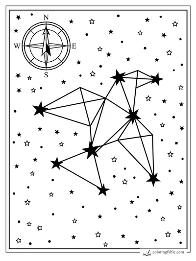 Geometric constellation with bold star points, connecting lines, scattered stars, and a compass rose.