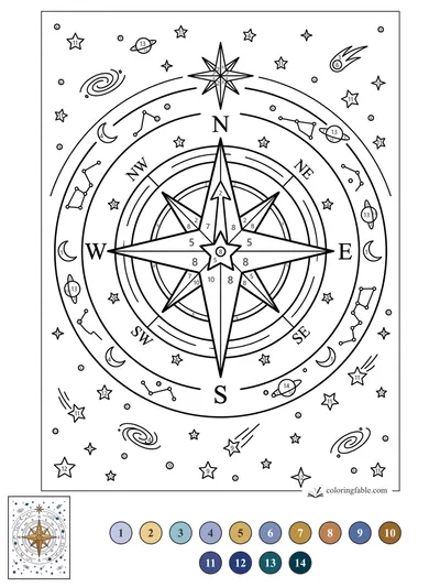 Compass Rose in a Busy Star Map — color by number