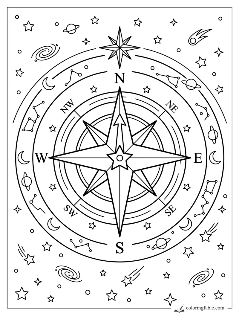 Compass rose coloring page with N, S, E, W labels, constellations, planets, moons, comets, and galaxies.