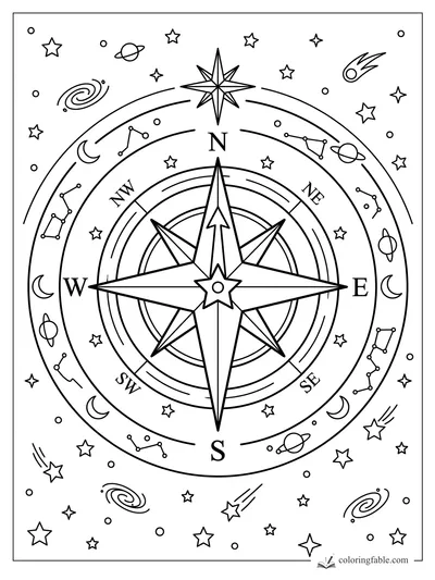 Compass rose coloring page with N, S, E, W labels, constellations, planets, moons, comets, and galaxies.