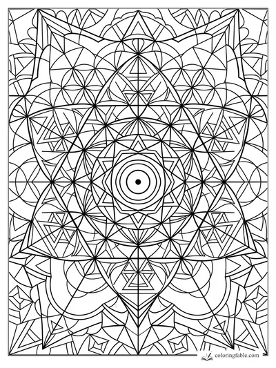 Intricate geometric mandala with center dot, concentric rings, triangles, arcs, and mirrored star points.