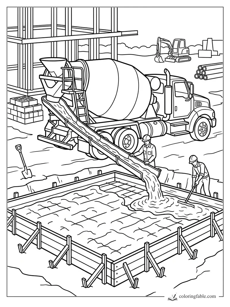Concrete mixer truck pouring into a framed foundation as two workers guide wet concrete