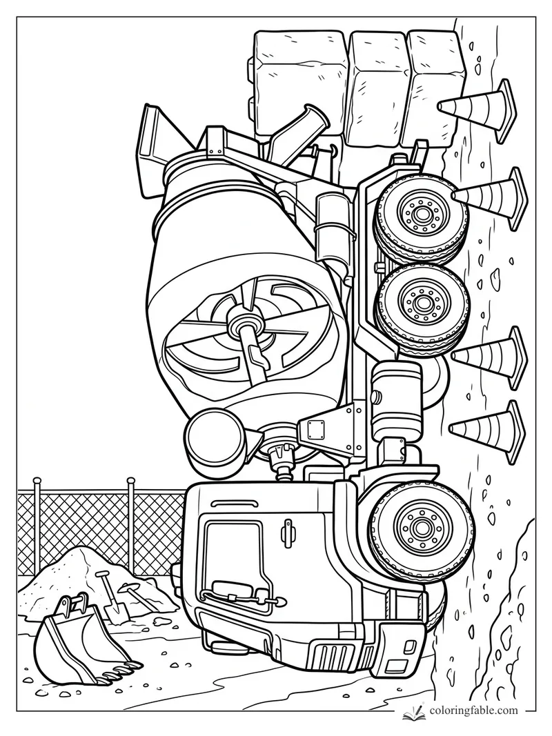 Concrete mixer truck with striped cones, stacked blocks, shovels, and a fence at a construction site.