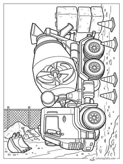 Concrete mixer truck with striped cones, stacked blocks, shovels, and a fence at a construction site.