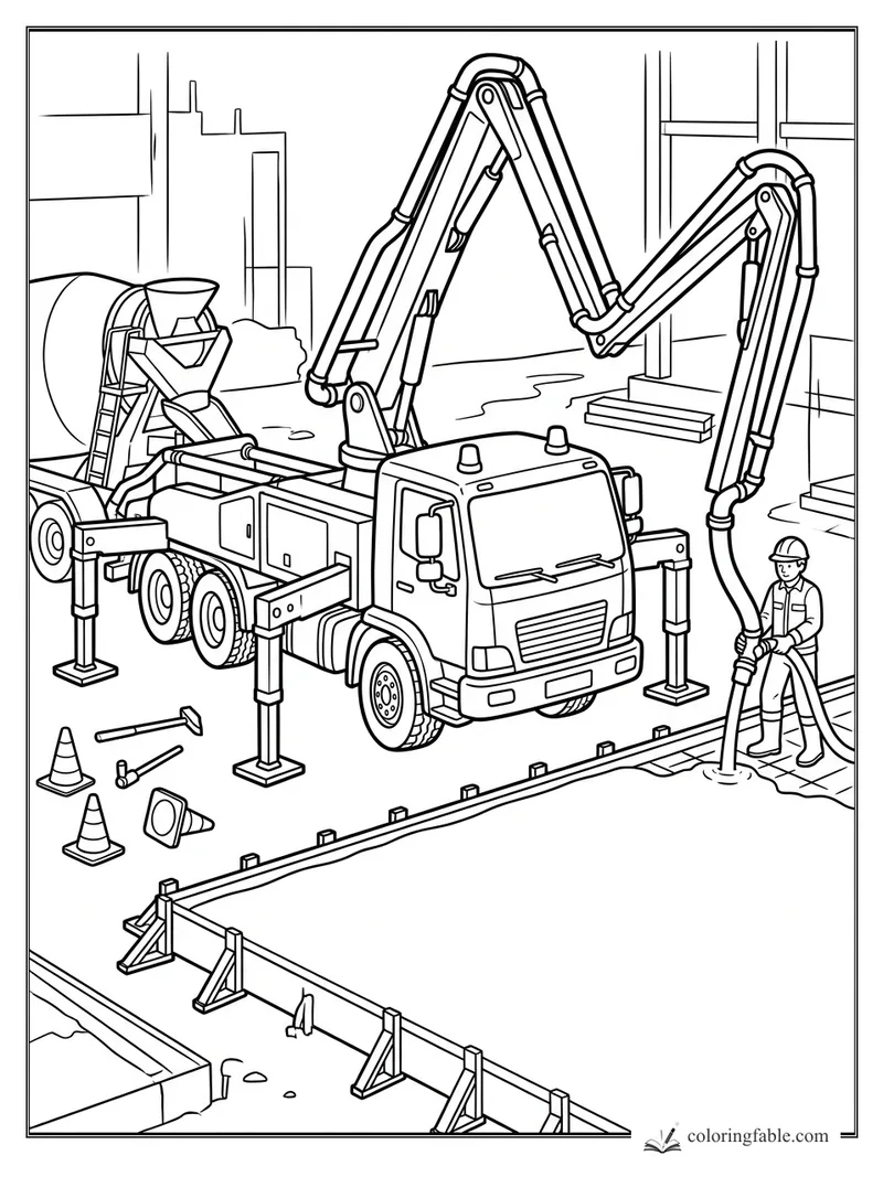 Concrete pump truck with long boom, hose worker, cones, tools, and barriers at a construction site
