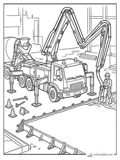 Concrete pump truck with long boom, hose worker, cones, tools, and barriers at a construction site