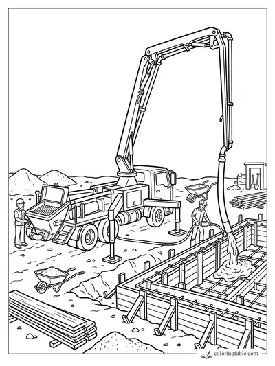 Cartoon concrete pump truck pouring wet concrete into a rebar foundation with workers nearby