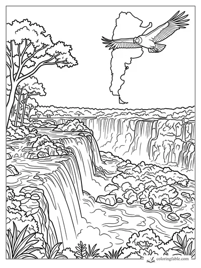 Condor flying beside an Argentina map above Iguazú Falls, jungle trees, cliffs, river, and rocks
